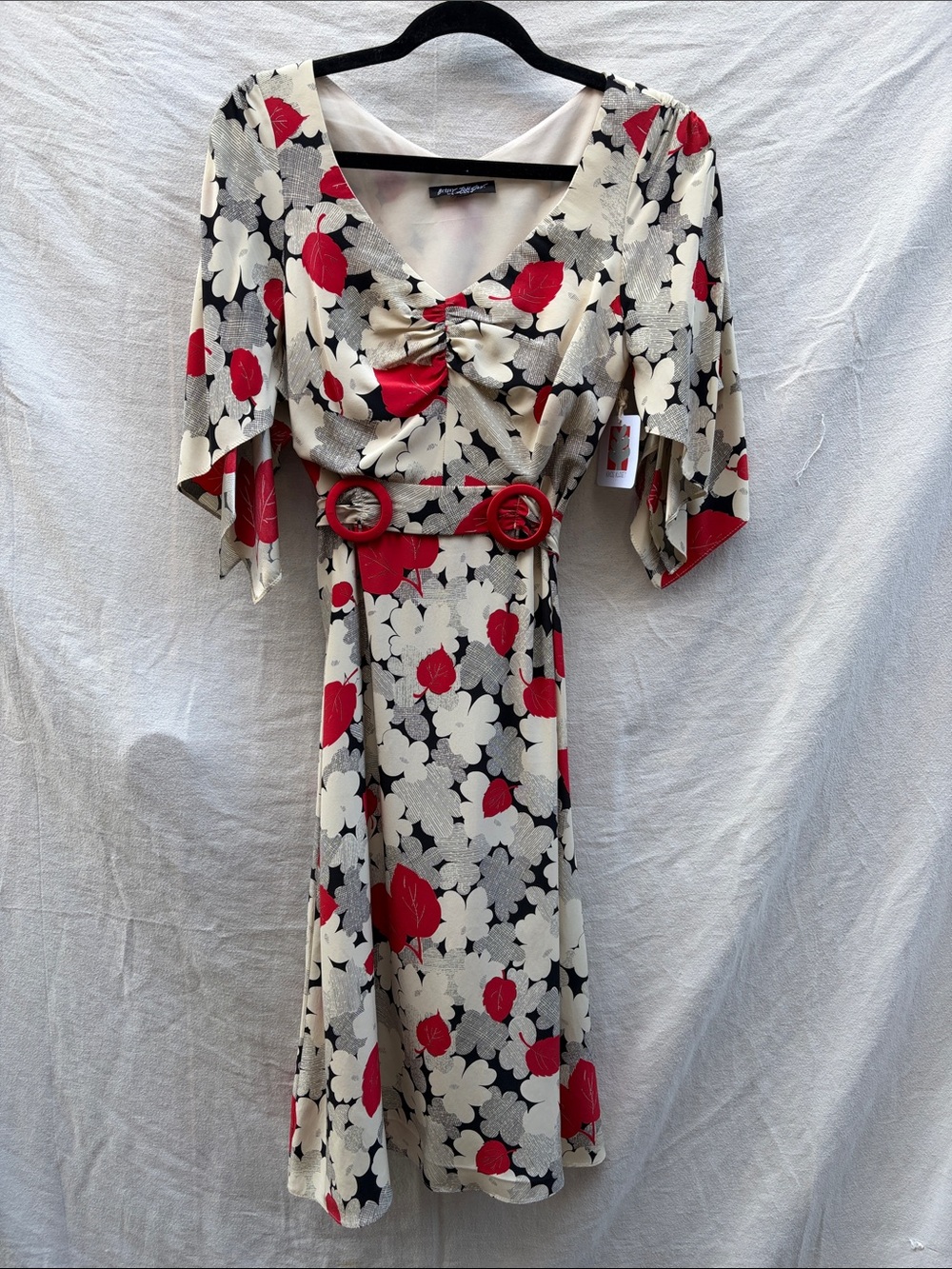 Betsey Johnson Red & Cream Floral Midi Dress with Belt